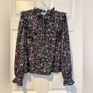 CeCe Black Floral Long Sleeve Blouse with Pink and White- Ruffle accent Size S